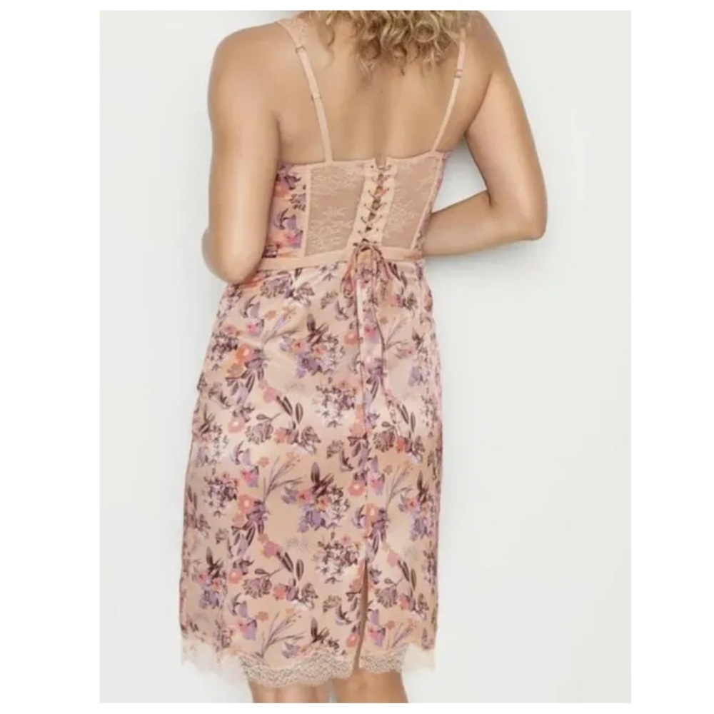 Victoria's Secret Pink/Beige Floral Silky Slip Dress w/ Corset - Picture 2 of 9